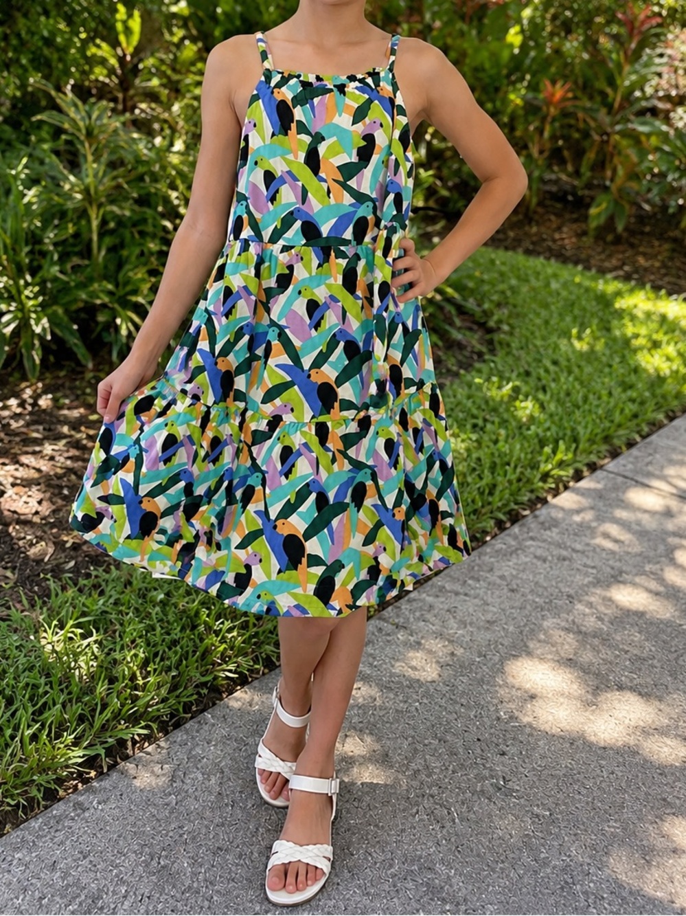 🦜 Hanna Andersson Tropical Bird Print Dress Size 10 🦜 EUC